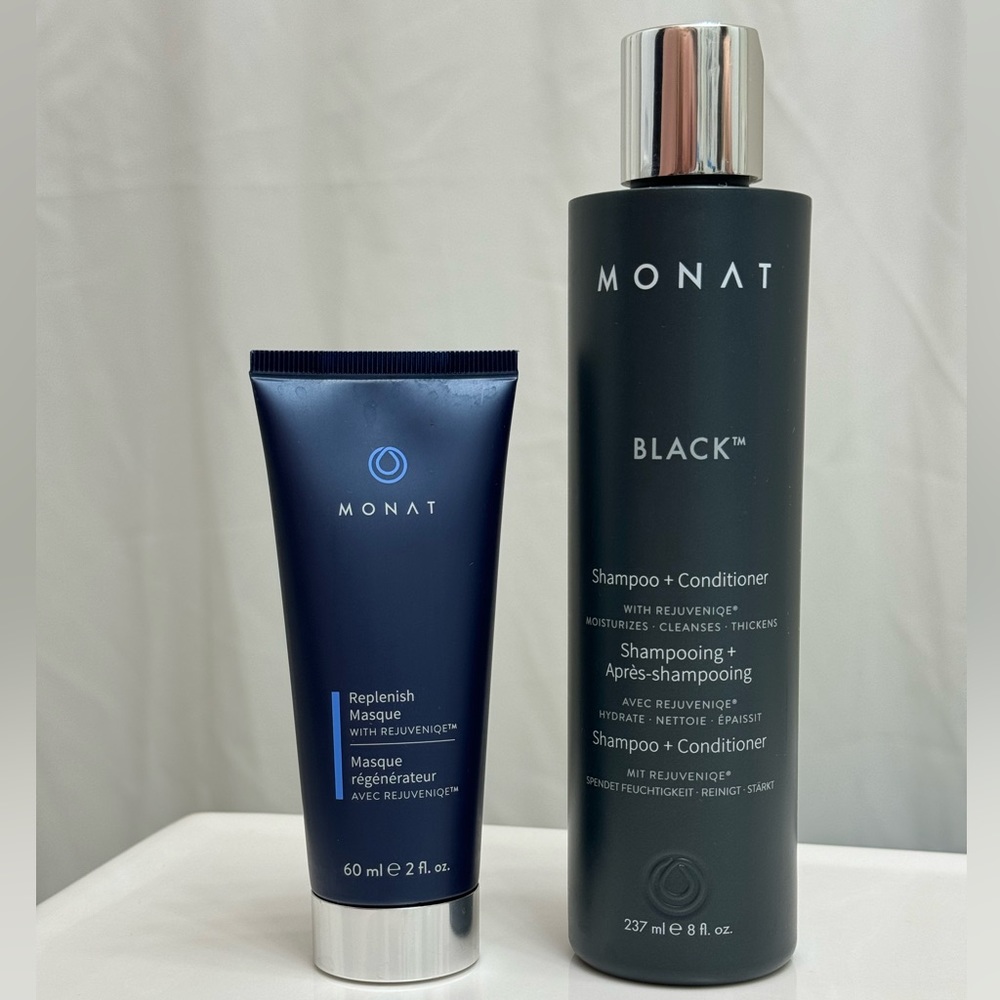 Monat Black Shampoo & Conditioner (full-size) 2 oz Replenish Masque - used twice